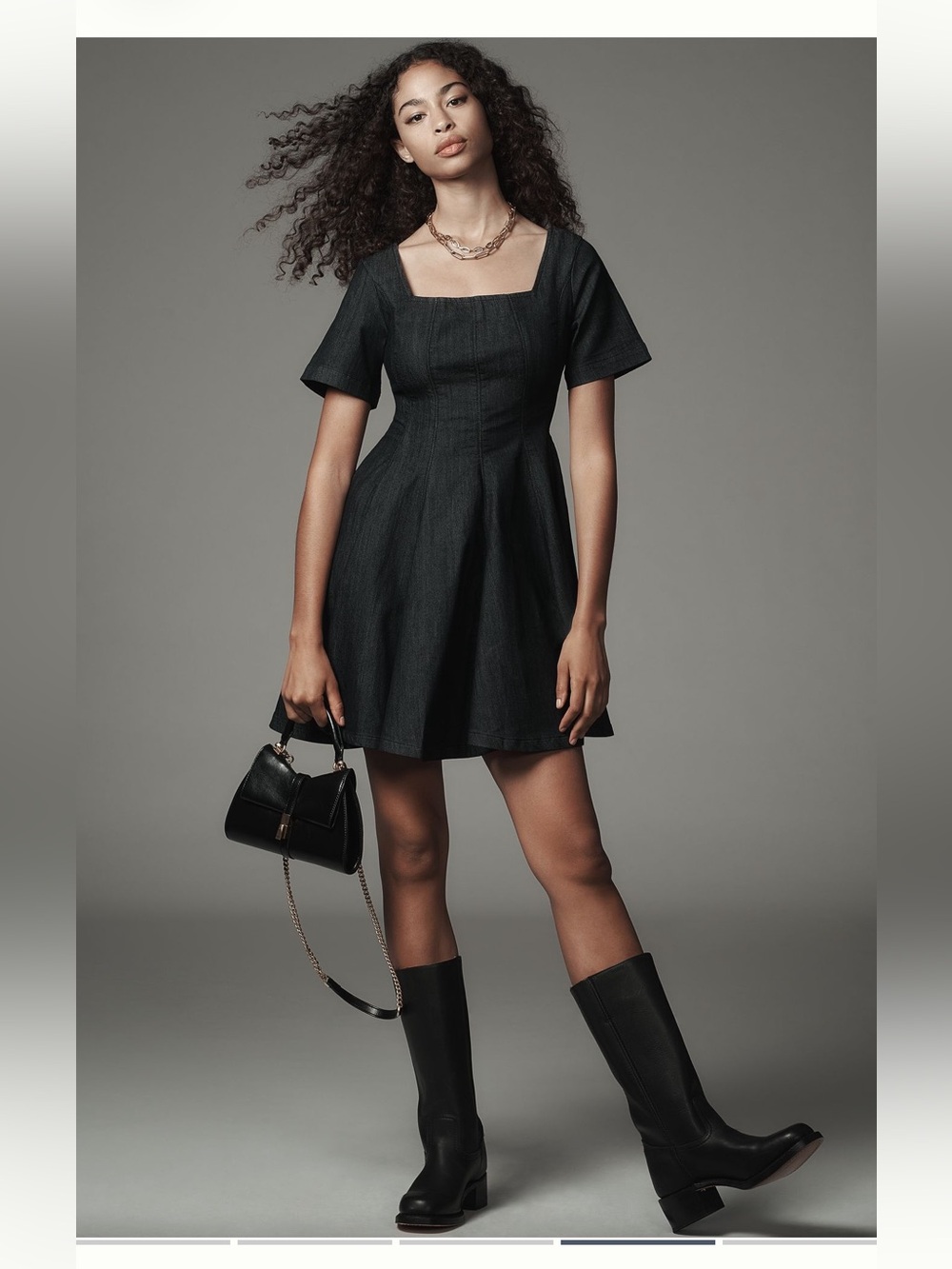 Pilcro Denim-Look Fit & Flare Mini‎ Dress in Faded Blue